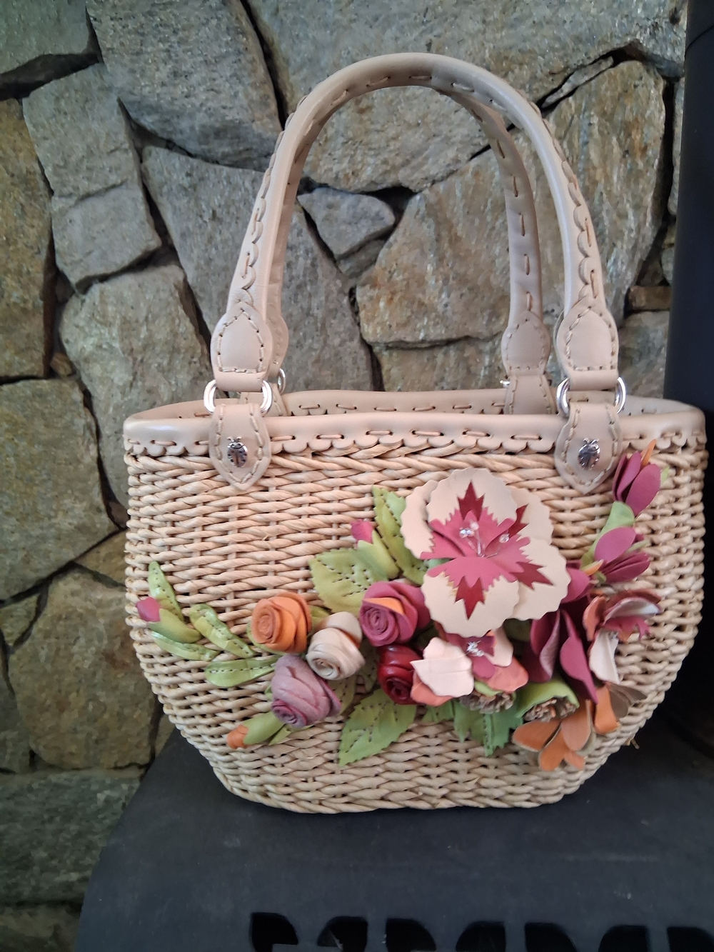 Brighton Retired  Milana Straw Woven Tote with Multicolor Floral Appliqués